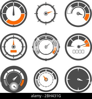 Vektor-Illustrationen Set von verschiedenen Geschwindigkeitsmessern. Meilen und Geschwindigkeitsanzeigen. Geschwindigkeitsmesser Anzeige Messung, Ausrüstung Kontrolle Geschwindigkeit Stock Vektor