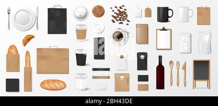 Mockup-Set für Bäckerei, Café oder Restaurant. Vorlage für Markenidentität. Realistische Bäckerei Elemente, Uniform, Brot, Croissant, Menü, Schürze Stock Vektor