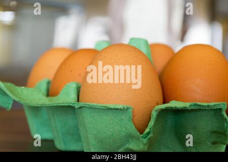 Sechs Eier sitzen in einem grünen Papptablett von der Seite aus gesehen und öffnen sich auf einer hölzernen Theke Stockfoto