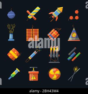 Pyrotechnik für den Urlaub und verschiedene Werkzeuge für die Feuershow. Vektor-Symbole Satz von pyrotechnischen Feuerwerkskörper und Petard, Rakete und Bombe Dynamit in der Wohnung Stock Vektor