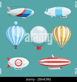 Zeppeline, große Luftschiffe und Luftballons mit Kabine. Vektor-Illustrationen im Cartoon-Stil gesetzt. Transport von Luftschiffen mit Korb und Kabine Stock Vektor