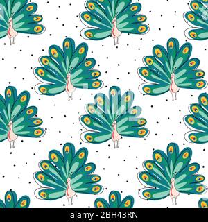 Nahtlose Vektor-Muster Pfau. Bunte exotische Vögel auf schwarz-weiß geflecktem Hintergrund. Wiederholtes Design für Geschenkpapier, Stoff, Tapete Stock Vektor
