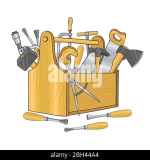 Holzkiste für Tischlerwerkzeuge. Handgezeichnete Vektorgrafik. Werkzeugkasten Holz mit Säge und Hardware Hammer Stock Vektor