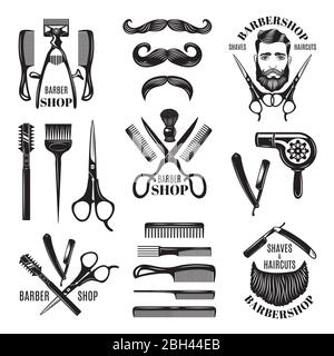 Illustrationen Set von verschiedenen Friseursalon Werkzeuge. Symbole für Abzeichen und Etiketten. Friseur und Friseursalon für Mann Abzeichen Vektor Stock Vektor