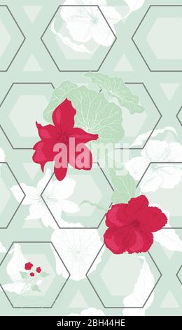 Nahtloses Muster mit Blumen und Blättern auf einem geometrischen Hintergrund. Detailreich, reich strukturiert, handgezeichnet. Stock Vektor