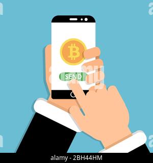 Hand Smartphone mit Bitcoin-Symbol auf dem Bildschirm. Vektorgrafik im flachen Stil. Senden Sie Bitcoin mit Smartphone, Geld Kryptowährung Stock Vektor