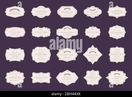 Retro-elegante Etiketten. Vintage-Ornamentformen, königliche Zierrahmen und Premium-Hochzeit Design Tag Etiketten Vektor isoliert Symbol-Set. Viktorianisches Pa Stock Vektor
