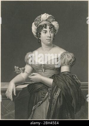 Antiker Stich, Germaine de Staël. Anne Louise Germaine de Staël-Holstein (1766-1817), allgemein bekannt als Madame de Staël, war eine französisch-schweizerische Frau aus Briefen, Intellektuellen und politischen Theoretikern. QUELLE: ORIGINALGRAVUR Stockfoto