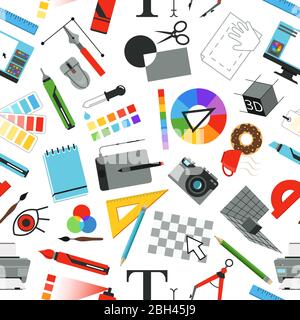 Nahtlose Muster mit verschiedenen Arbeitsmitteln für Designer und Künstler. Pinsel und Bleistiftmuster. Vektorgrafik Stock Vektor