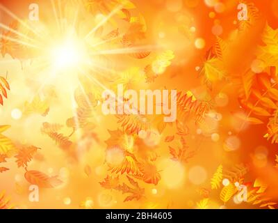 Herbsthintergrund mit natürlichen Blättern und hellem Sonnenlicht. EPS 10 Stock Vektor