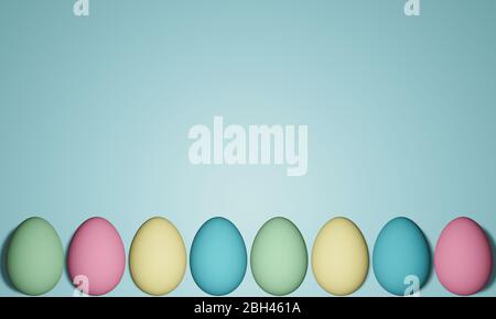 3D-Rendering einer Reihe von acht grünen, rosa, gelben und blauen Eiern vor hellblauem Hintergrund. Illustration ist ideal für Ostern Banner, Kulissen Stockfoto