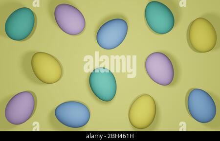 3D-Rendering von vielen bunten blauen, grünen, gelben und rosa bemalten Eiern auf einem gelben Hintergrund verstreut. Illustration ist toll für Ostern. Stockfoto