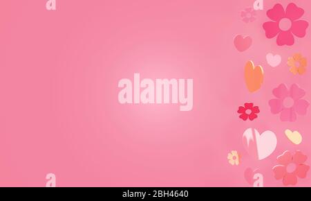 Rosa Hintergrund mit einem hellen Leuchten in der Mitte und eine 3D-Darstellung von glänzenden Herzen und Blumen in den Farbtönen Rosa und Gelb. Ideal für Muttertag. Stockfoto