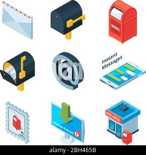 Verschiedene Postsymbole. Isometrische Bilder von Mailbox, Briefkasten und E-Mail-Zeichen. Mailbox und Postbox für Postversand, Umschlag und E-Mail Vektorgrafik Stock Vektor