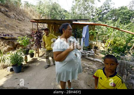 Naguanagua, Carabobo, Venezuela. April 2020. 23. April 2020. Belkis Gil, wurde die Ersatzmutter eines Papageienküken, das sie vor dem sicheren Tod gerettet hatte, als sie noch keine Federn hatte, Sie fütterte es täglich, bis sie ihr Ganzkörpergefieder erreichte und sie hofft, dass sie mit einem Papagei, der seit Jahren bei ihr ist, Gesellschaft halten kann. Naguanagua, im Bundesstaat Carabobo in Venezuela. Foto: Juan Carlos Hernandez Quelle: Juan Carlos Hernandez/ZUMA Wire/Alamy Live News Stockfoto