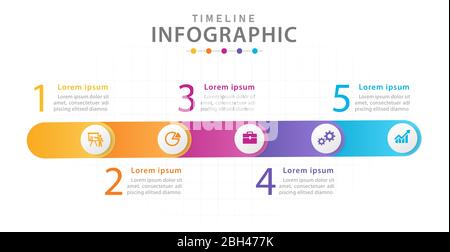 Infografik Vorlage für Unternehmen. 5 Schritte Zeitleisten-Diagramm mit Kreisen, Präsentation Vektor Infografik. Stock Vektor