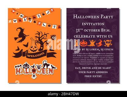 Vektor halloween Party Einladungskarte Vorlage mit gruseligen Hexen, Kürbisse, Geister, Spinnen Silhouetten und Girlanden Illustration Stock Vektor