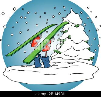 Cartoon Mann im Schnee stecken während Skifahren Vektor-Illustration Stock Vektor