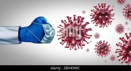 Viruskampf um einen Impfstoff und Grippe oder Coronavirus medizinische Behandlung für eine Krankheit als Arzt gegen eine Gruppe von ansteckenden Erregerzellen. Stockfoto