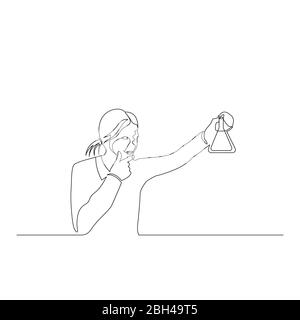 Durchgehende eine Linie Frau Chemiker schaut nachdenklich auf die Flasche in seiner Hand. Vektorgrafik. Stock Vektor