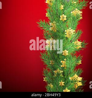 Weihnachtsrand aus realistisch aussehenden Kiefernästen mit Goldfolie Schneeflocken auf rot. EPS 10 Stock Vektor