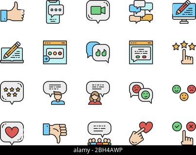 Satz von Symbolen für flache Farblinien für Rückkopplungen. Chat, Nachricht, Abneigung, Gefällt mir und mehr. Stock Vektor