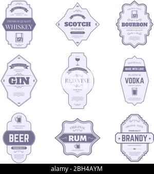 Etiketten für Alkoholflaschen. Traditionelle Alkohol Aufkleber, Vintage Bourbon und Gin Flasche Emblem, Bar trinken Verpackung Tags Vektor isoliert Symbole gesetzt. Wein Stock Vektor