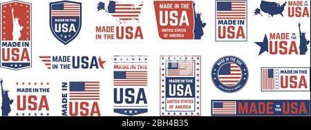 Made in USA Label. Amerikanische Flagge Emblem, Patriot stolze Nation Etiketten Symbol und vereinigte Staaten Label Briefmarken Vektor isoliert Symbole gesetzt. US-Produktstick Stock Vektor