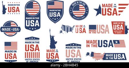 Made in USA Abzeichen. Patriot stolz Label-Stempel, amerikanische Flagge und nationale Symbole, Vereinigten Staaten von Amerika patriotische Embleme Vektor-Set. US-Produkte Stock Vektor