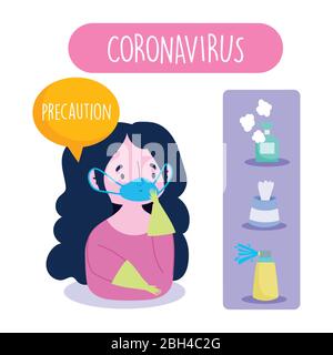 Covid 19 Coronavirus Infografik, Vorsichtsmaßnahme Mädchen mit Maske Handschuhe, und Prävention Empfehlungen Vektor-Illustration Stock Vektor