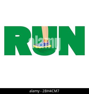 Grüner LAUFTEXT und Laufschuhe isoliert auf weißem Hintergrund Stock Vektor