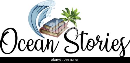 Ocean Stories Logo Konzept mit Buch Welle und Palme Stock Vektor