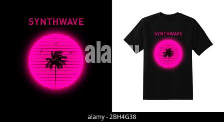 Synthwave. Miami Strand Palmen und Möwen Silhouetten auf gestreiften leuchtenden Sonne Hintergrund. Typografie, Druck, Vektorgrafik. Stock Vektor