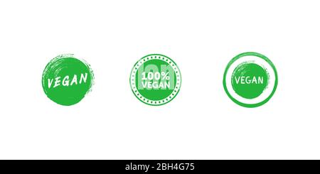 Set von verschiedenen Zeichen auf vegane Thema. Vegan Pinselstrich grünes Emblem. 100 Prozent Vegan grün Kreis Abzeichen. Vektorgrafik. Stock Vektor