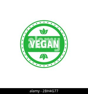 Veganes kreisgrünes flaches Emblem mit Baumblättern. Design-Element für Verpackungsdesign und Werbematerial. Vektorgrafik. Stock Vektor