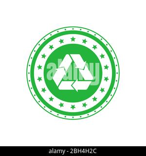 Recycling grün Kreis Abzeichen mit Mobius Streifen und Sternen. Design-Element für Verpackungsdesign und Werbematerial. Vektorgrafik. Stock Vektor