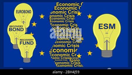 Vektordarstellung über die Aufteilung der europäischen Länder auf die Finanzlösungen, die gegen die Wirtschaftskrise eingesetzt werden sollen. Stock Vektor