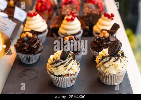 Schokolade und Vanille Sandwich-Cookies Cupcakes auf dem Display in Gourmet-Bäckerei mit Muffin Papierauskleidungen und Zuckerguss Makro Nahaufnahme Stockfoto