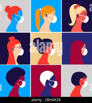 Multikulturelle Gruppe von Menschen in medizinischen Masken Stock Vektor