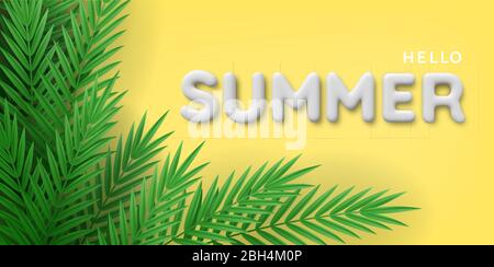 Hintergrund von tropischen Pflanzen und 3d weißen Sommer Inschrift. Hallo Sommerzeit. Palmenblätter, Dschungelblatt. Realistische 3d-Darstellung. Das Poster für Stock Vektor