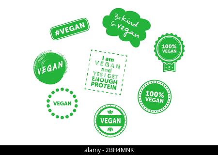 Sammlung von verschiedenen Zeichen zum Thema vegan. Seien Sie freundlich, gehen Sie vegan. Vektorgrafik. Stock Vektor