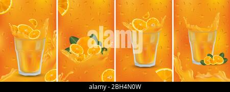 Orangengetränk. Frischer Orangensplash mit Früchten. 3D realistischer Fruchtsaft. Orange in Scheiben geschnitten mit grünen Blatt. Vektorgrafik festlegen Stock Vektor