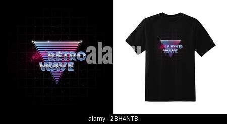 Newretwave. Stilvolles T-Shirt und Bekleidung im Retro-Design mit NewRetwave-Metallic- und Neonbeschriftung auf blau-pinkem Dreieck. Typografie Stock Vektor