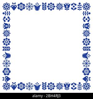 Skandinavische Volkskunst Vektor quadratischen Rahmen Design mit Blumen perfekt für Grußkarte oder Hochzeit Einladung, niedlichen Blumenrand in navy blau, Floral Stock Vektor