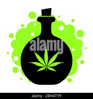 Flaschensymbol mit einem Blatt grünem Cannabis und grünem Rauch auf weißem Hintergrund. Gesundheit-Verbesserung Apotheke Stock Vektor