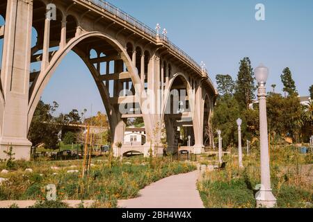 Sonniger Tag in einem Park in Pasadena mit Blick auf die Colorado Street Bridge - Reisen - im Freien Stockfoto