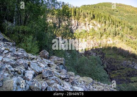 Wilde Pfade Steinschlag. Viele harte große scharfe Felsen mit Kiefernwald am Horizont Stockfoto