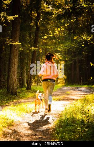 Junge Frau und Hund laufen zusammen auf dem Land im Wald. Fröhliche Frau Ausübung im Freien mit ihrem Haustier. Stockfoto