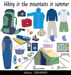 Eine Reihe von notwendigen Dingen für einen Ausflug in die Berge im Sommer: Ein Zelt, ein Schlafsack, ein Regenmantel, ein Teppich, ein Teppich, Dokumente, eine Karte, Kleidung, Essen Stock Vektor