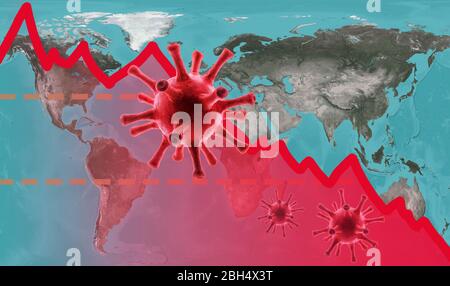 Auswirkungen des Coronavirus auf das Geschäft, Diagramm des Börsencrashs auf der globalen Karte. Die Weltwirtschaft trifft auf den Ausbruch des Corona-Virus. Finanzkrise aufgrund von COVID Stockfoto